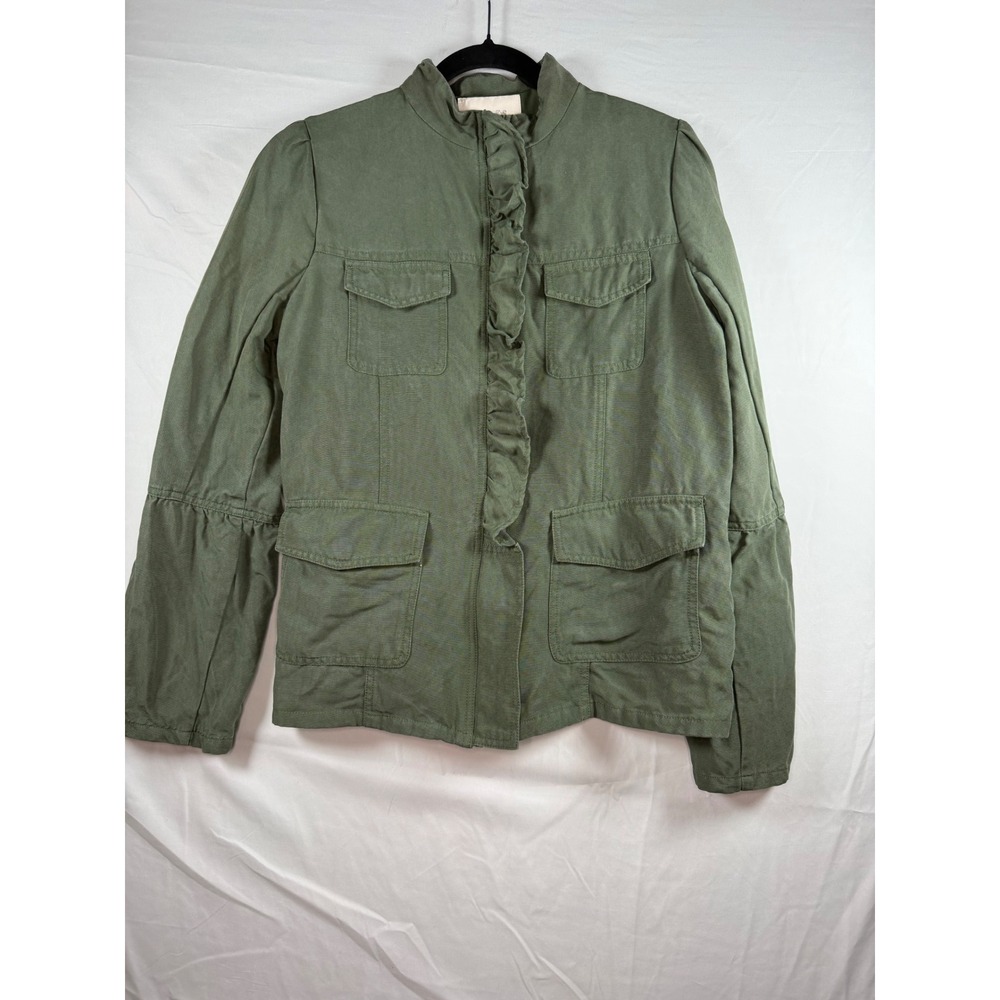 Hinge Army Green Ruffle Trim Utility Jacket Mock Neck Bell Slit‎ Sleeve sz L
